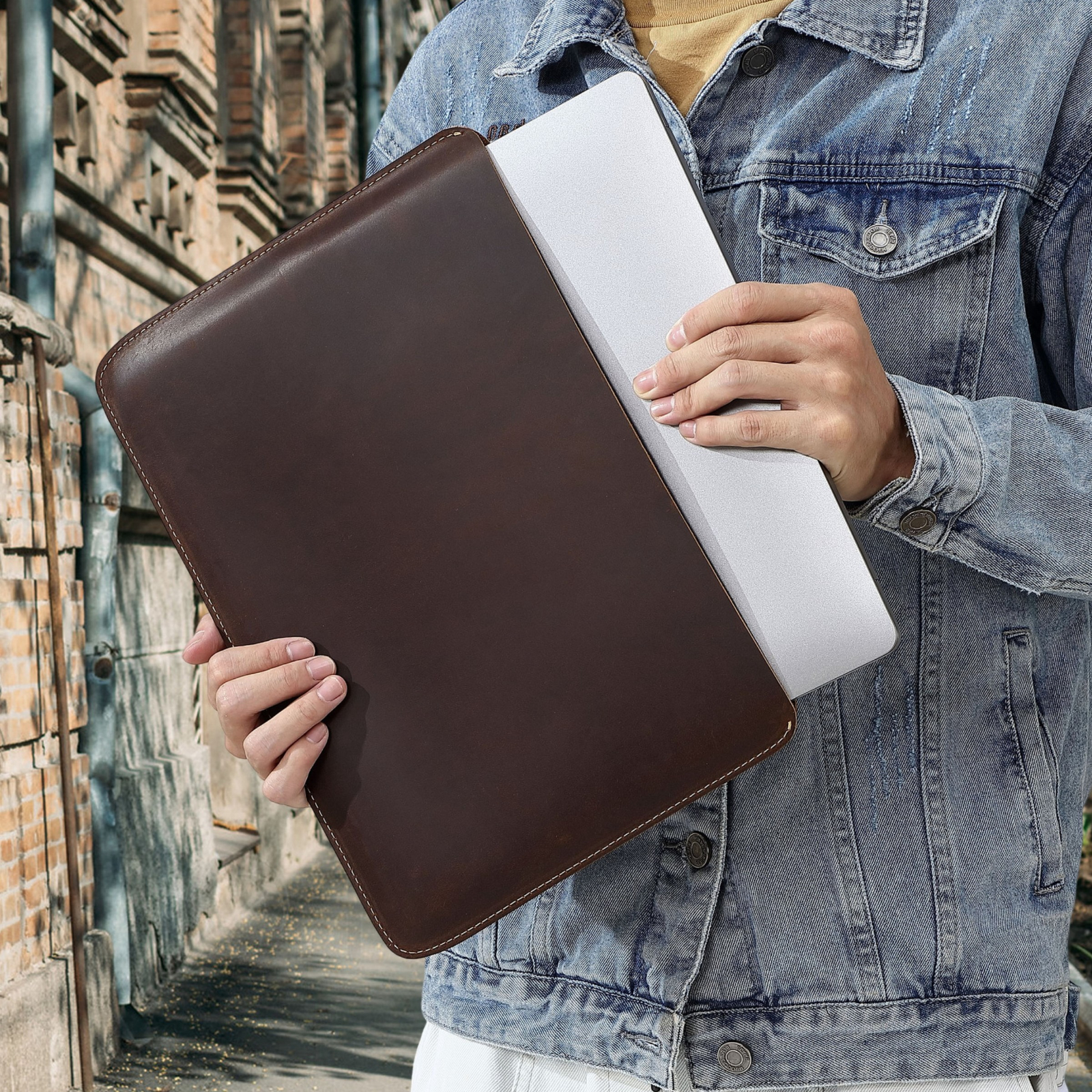 Briefcase Leather Slim - Genuine Leather Slim Laptop Sleeve Pouch